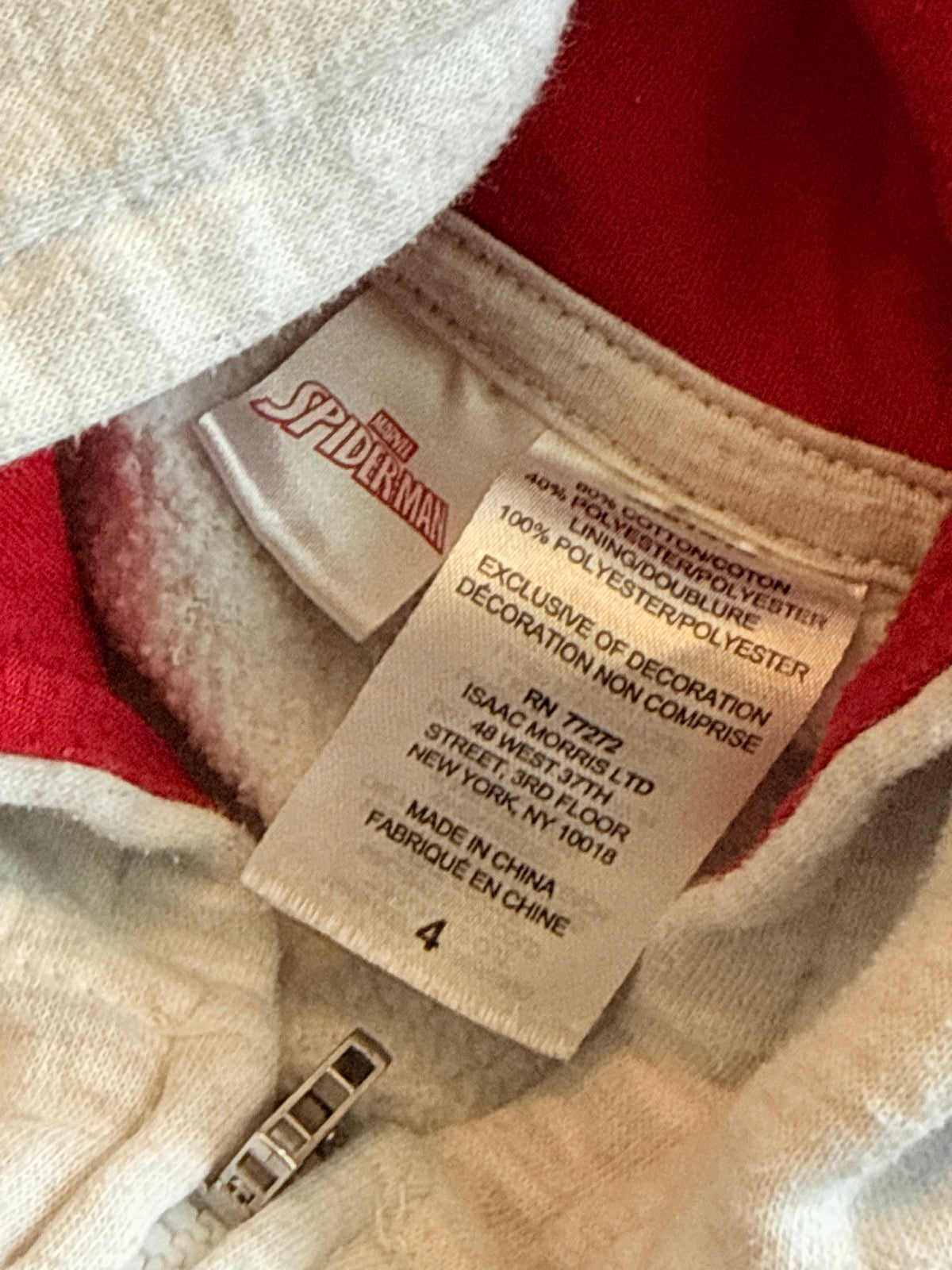 Marvel Spider-Man Zip Hoodie Size 4