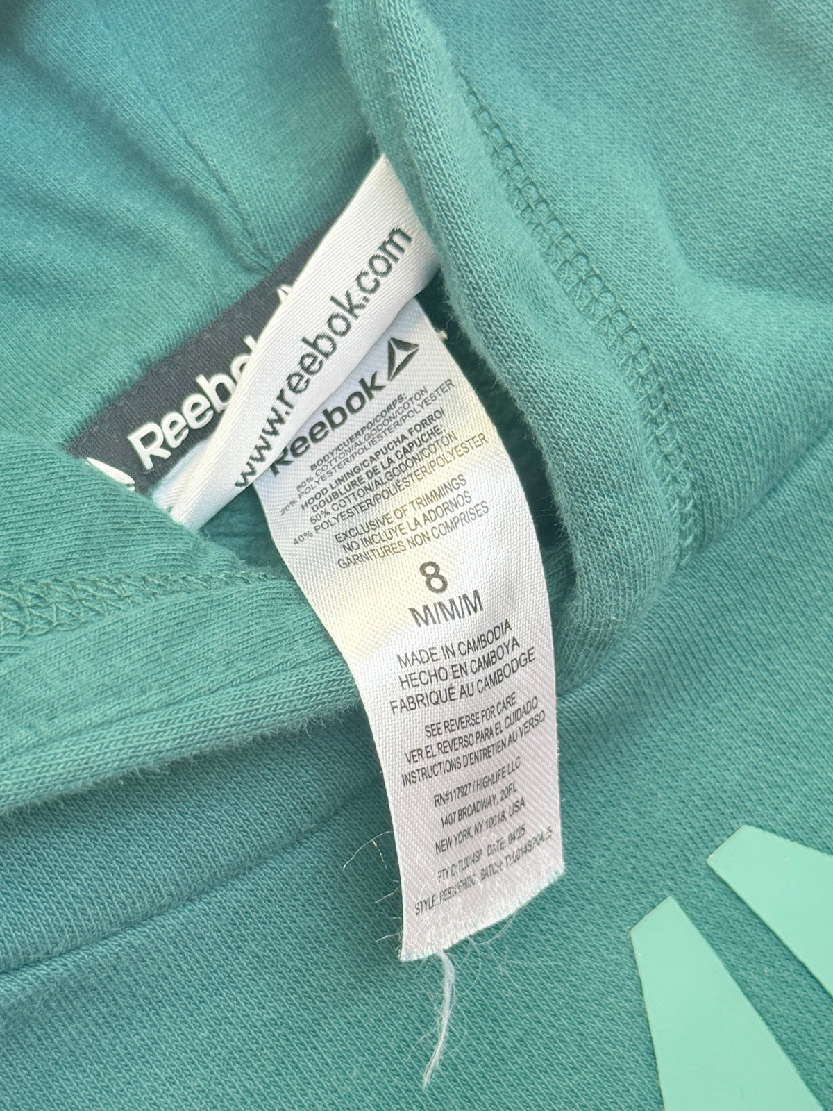 Reebok Green Hoodie Sweatshirt Size 8