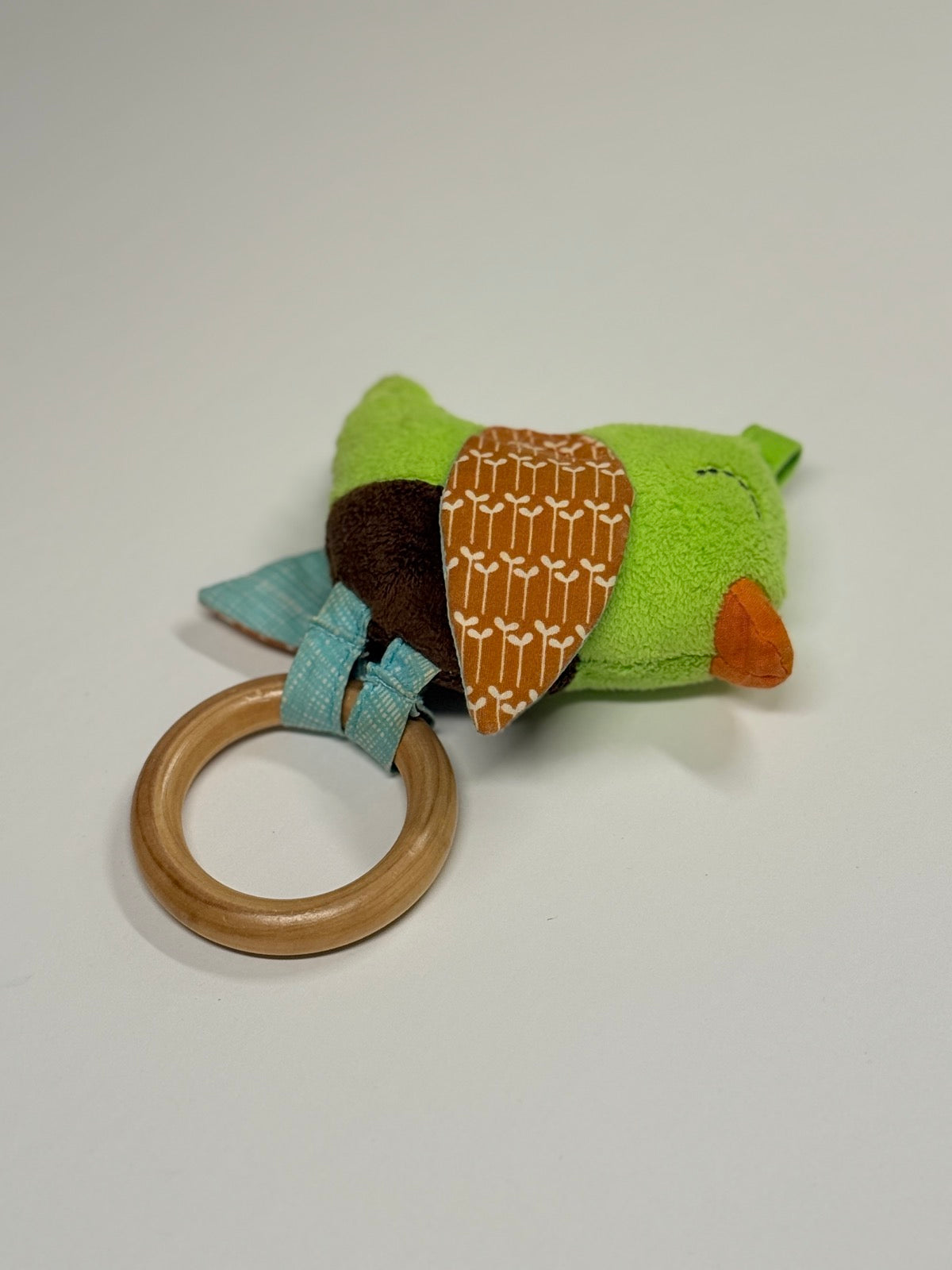 Green Bird Plush Baby Teething Ring Rattle