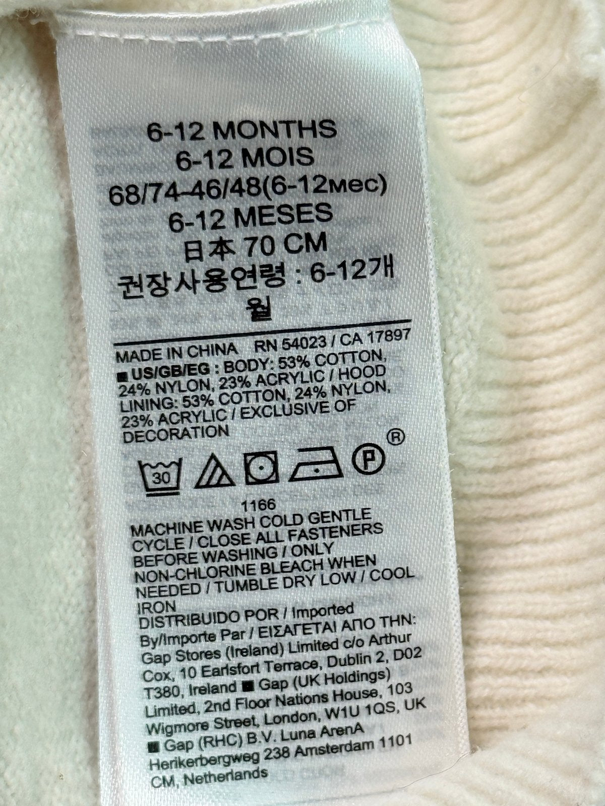baby GAP Cream Knit Bear Ear Hoodie 6-12M