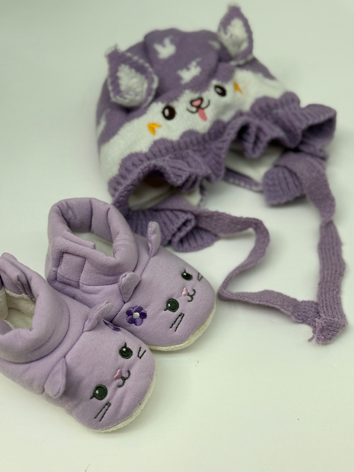 Purple Cat Knit Hat and Booties Set 3-6m