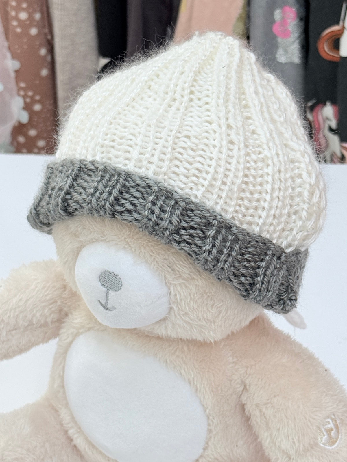 Handmade White Gray Two-Tone Knit Baby Beanie 0-3m