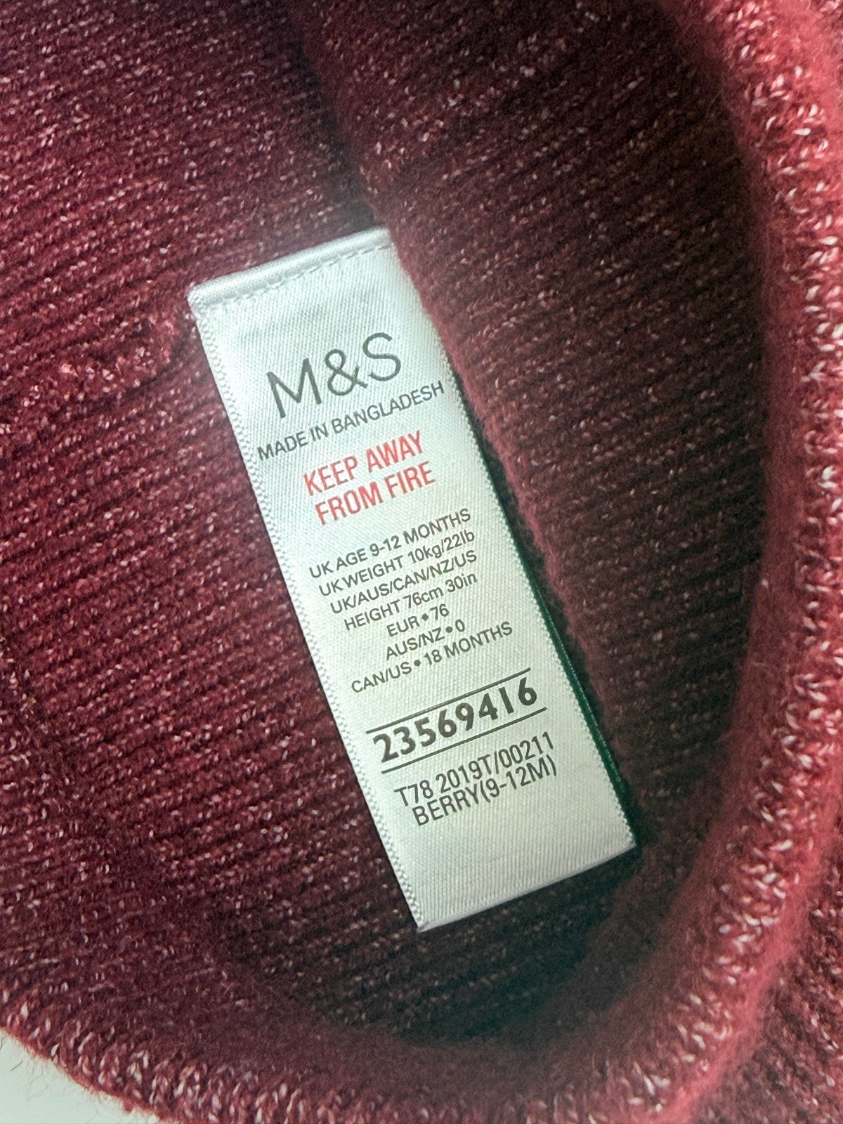 M&S Berry Ribbed Leggings 9-12M