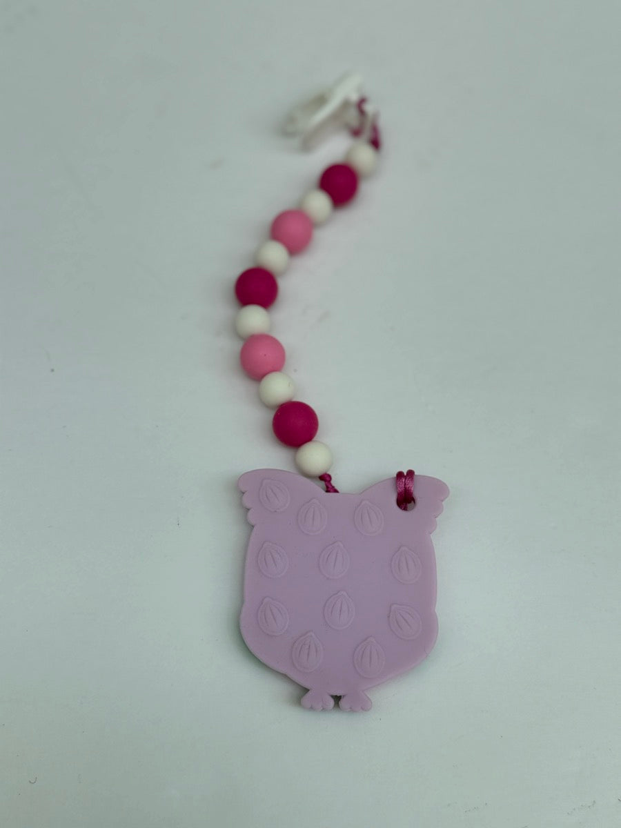 Pink Owl Silicone Teether Pacifier Clip