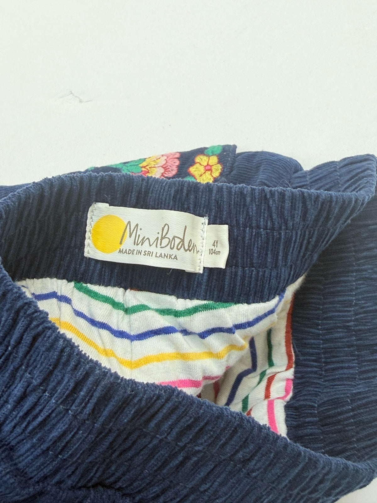 Mini Boden Lined Navy Corduroy Embroidered Floral Pants 4Y