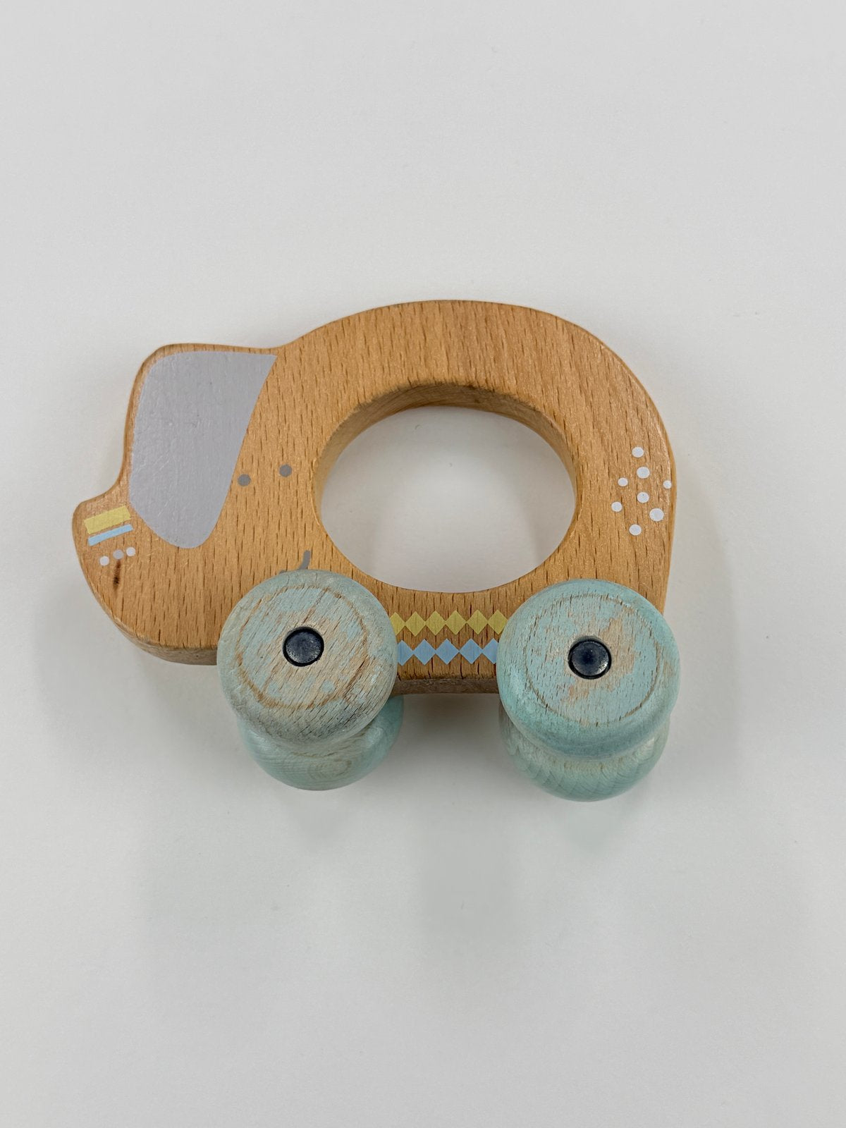 Wooden Dog Push Toy with Blue Wheels