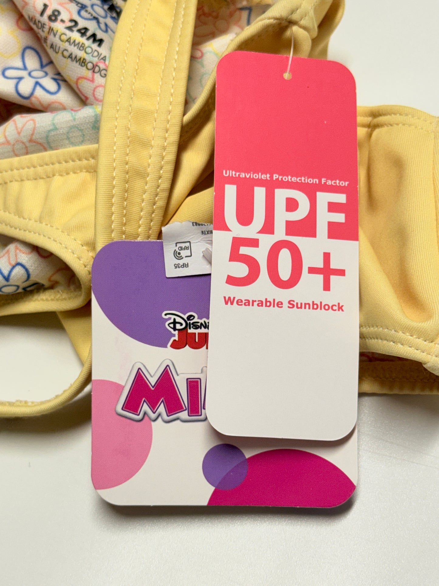 Disney Junior Minnie Mouse Swimsuit, Yellow, UPF 50+, 18 to 24 Months, NWT