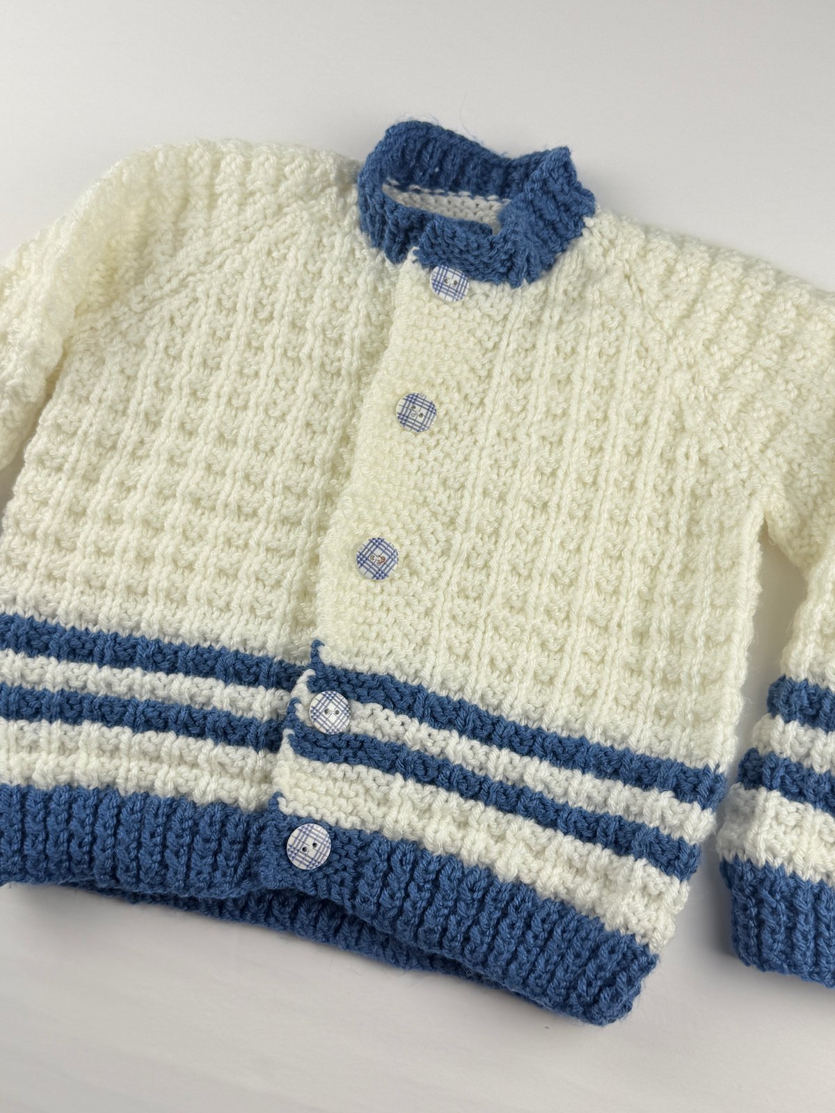 Handknit Cream & Blue Striped Cardigan size 3/4