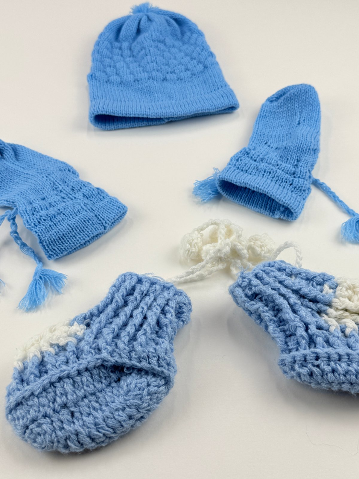 Handmade Blue Knit Hat, Mitts & Booties Set 0-3m