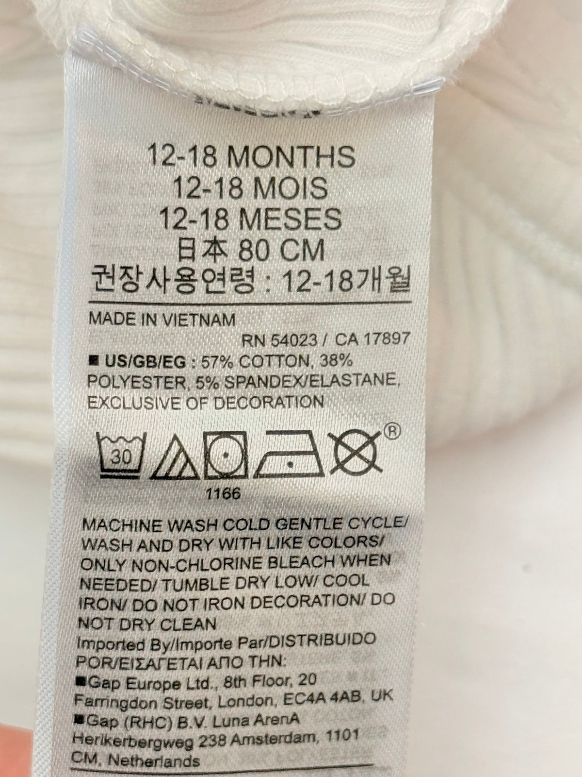 Baby Gap White Ribbed Bodysuit 12-18M