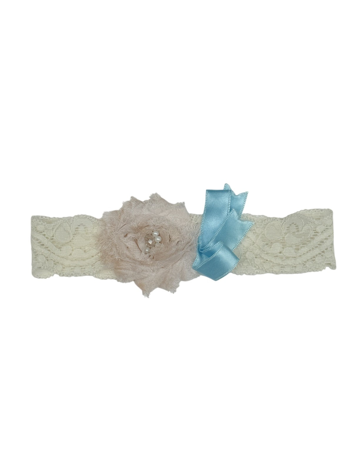 Ivory Lace Flower Headband with Blue Bow