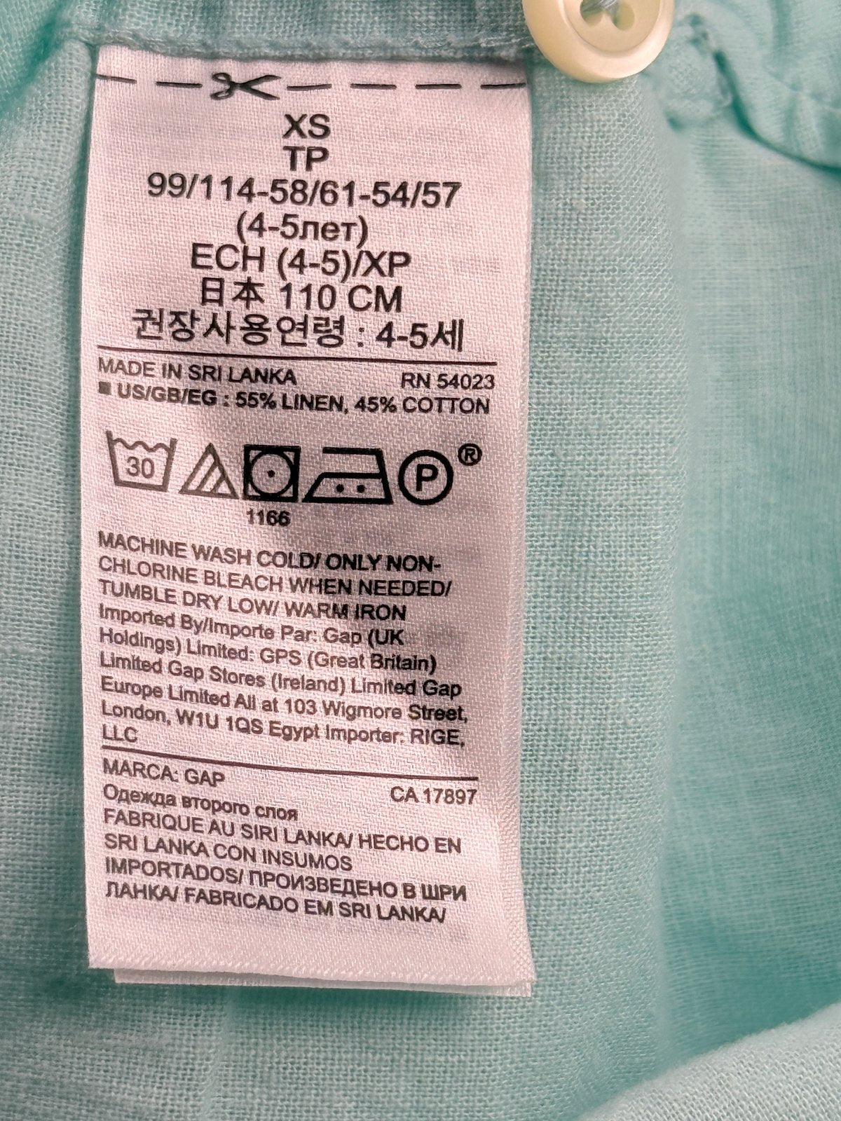 Gap Kids Aqua Linen Blend Button-Up Shirt Size 4-5
