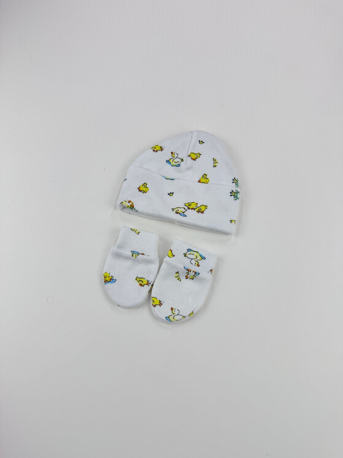 Baby Beanie and Scratch Mittens Set Duck Print NB
