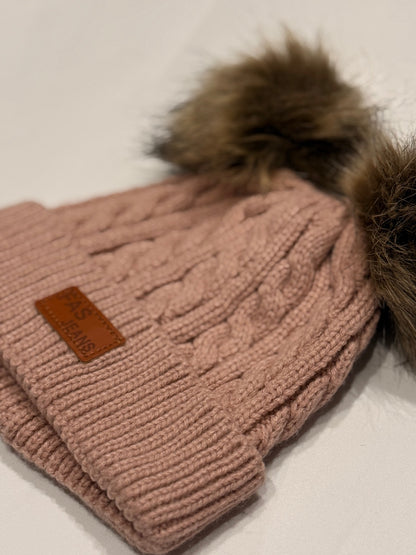 FAS Jeans Pink Cable Knit Double Pom Beanie 2-5Y