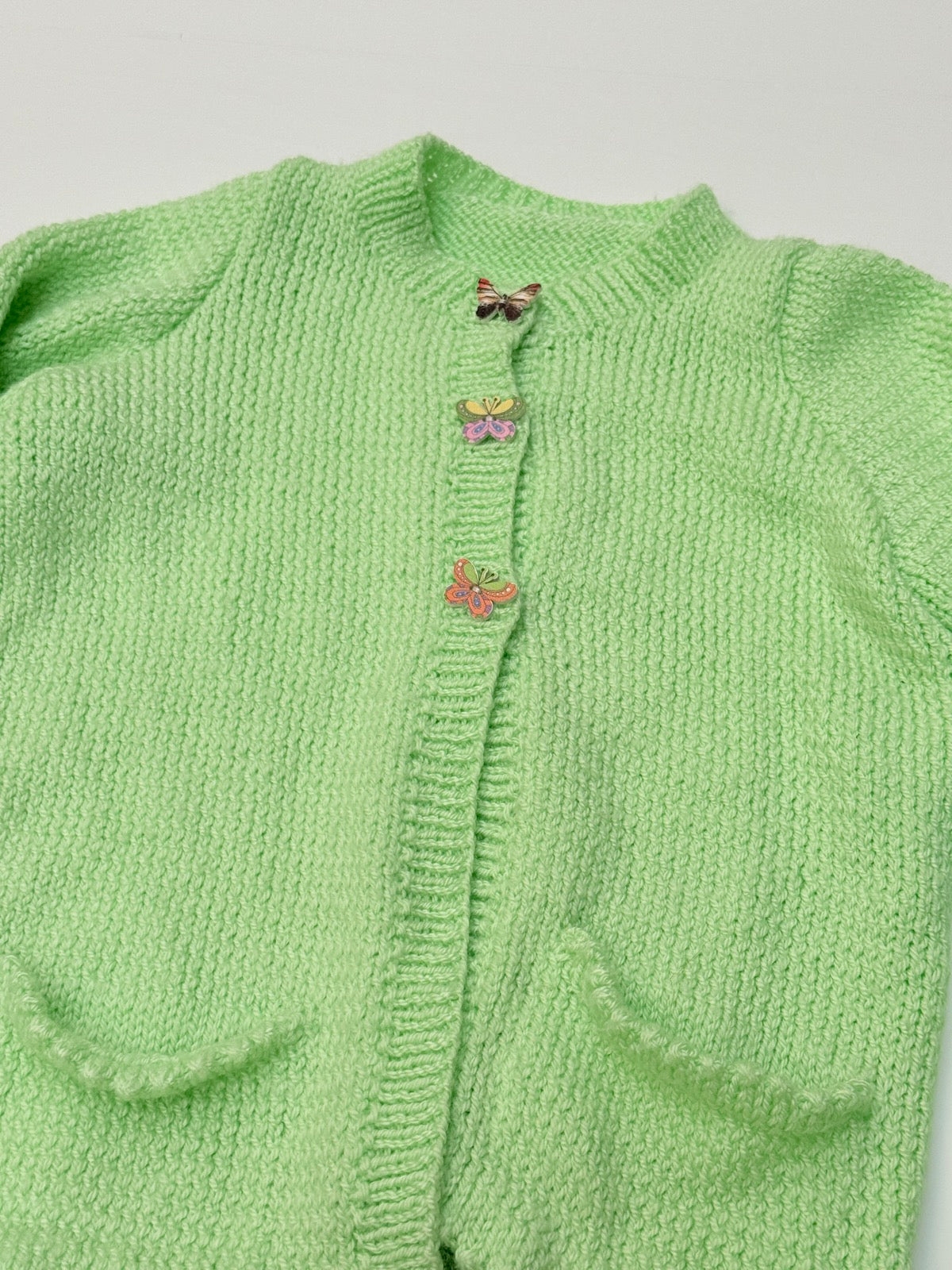 Hand Knit Mint Green Cardigan Butterfly Buttons 4/5Y