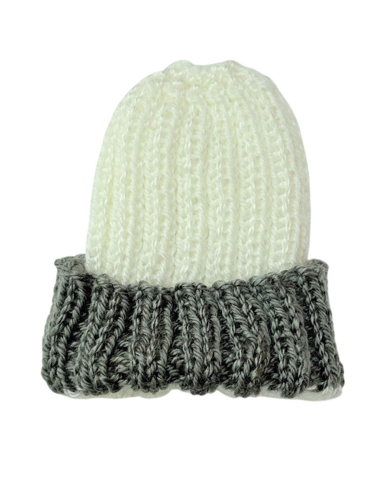 Handmade White Gray Two-Tone Knit Baby Beanie 0-3m
