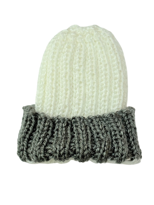 Handmade White Gray Two-Tone Knit Baby Beanie 0-3m
