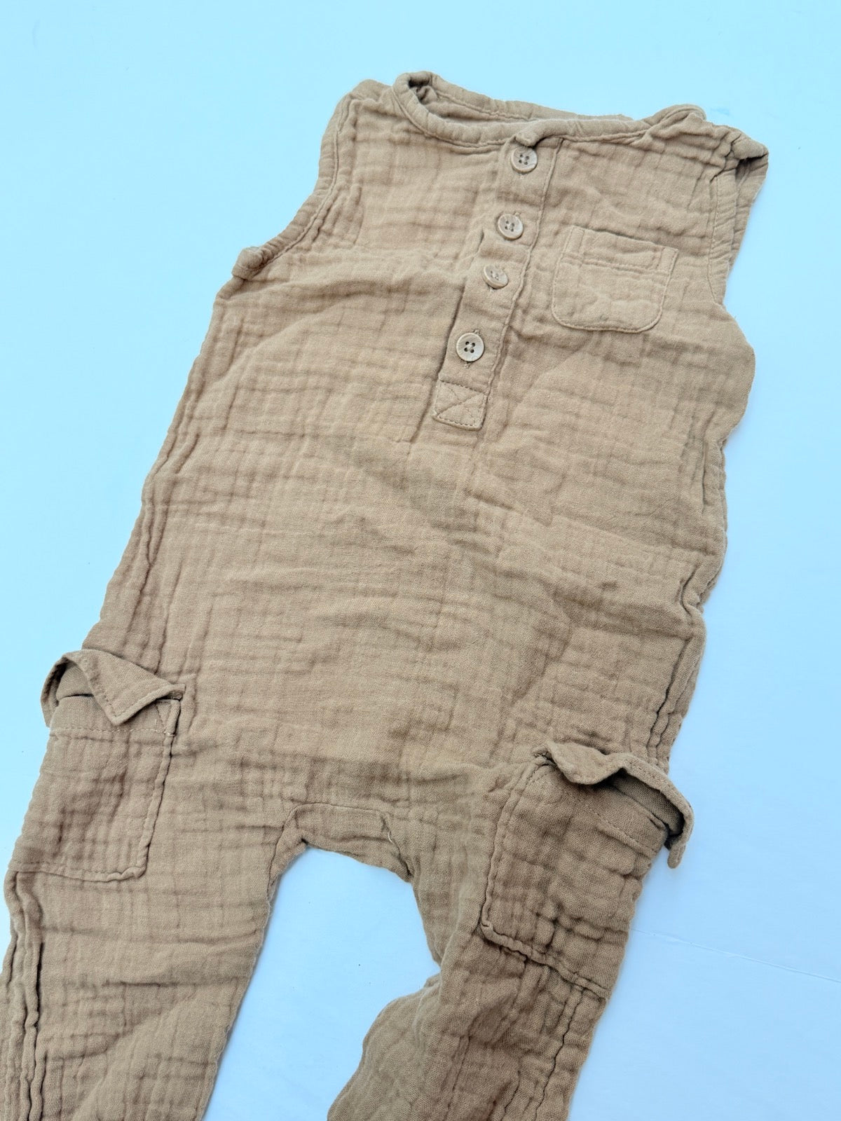 Old Navy Tan Muslin Cargo Romper 6-12M