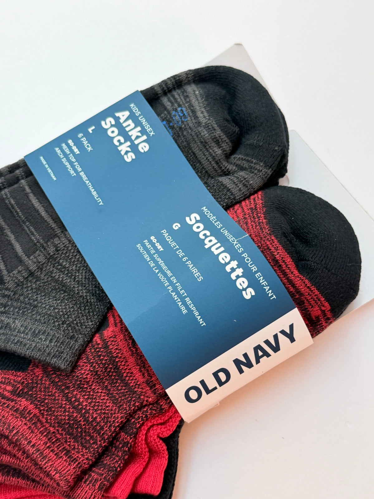 Old Navy Kids Go-Dry Ankle Socks 6-Pack Size L