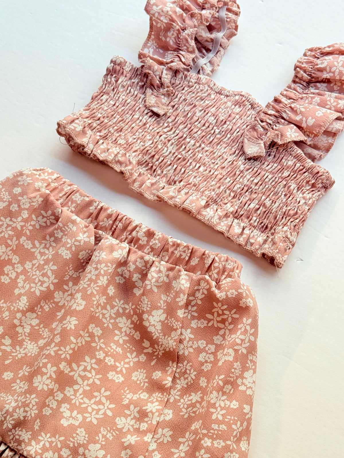 Floral Pink Smocked Ruffle Top Skirt Set 2T