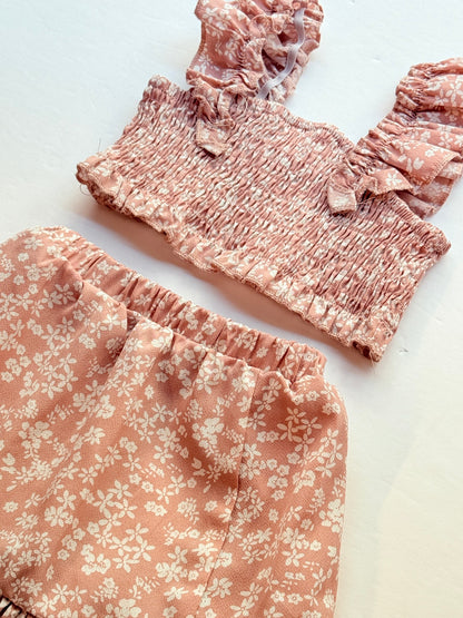 Floral Pink Smocked Ruffle Top Skirt Set 2T