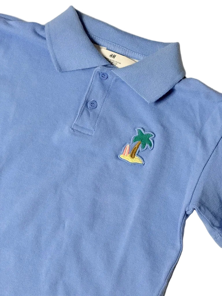 H&M Kids Light Blue Polo Shirt with Palm Tree Patch, Size 4–6Y