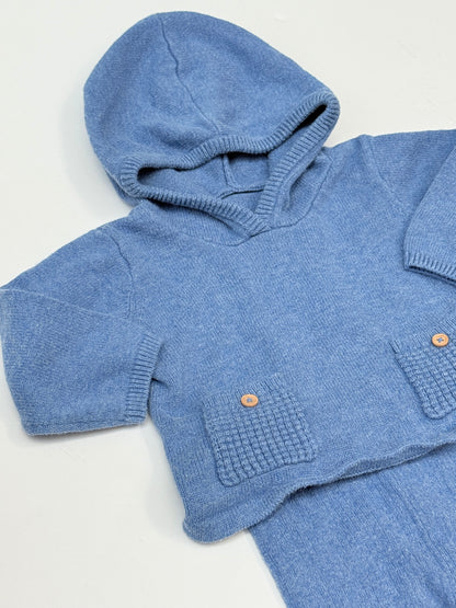 Blue Knit Hooded Sweater Set 3-6M