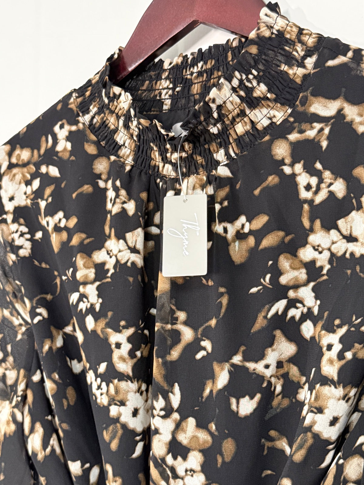 NWT Thyme Black Floral Smocked Midi Dress M