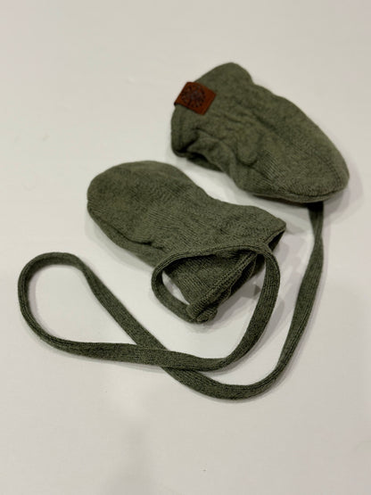 CLK Olive Green Knit Baby Mittens with Cord