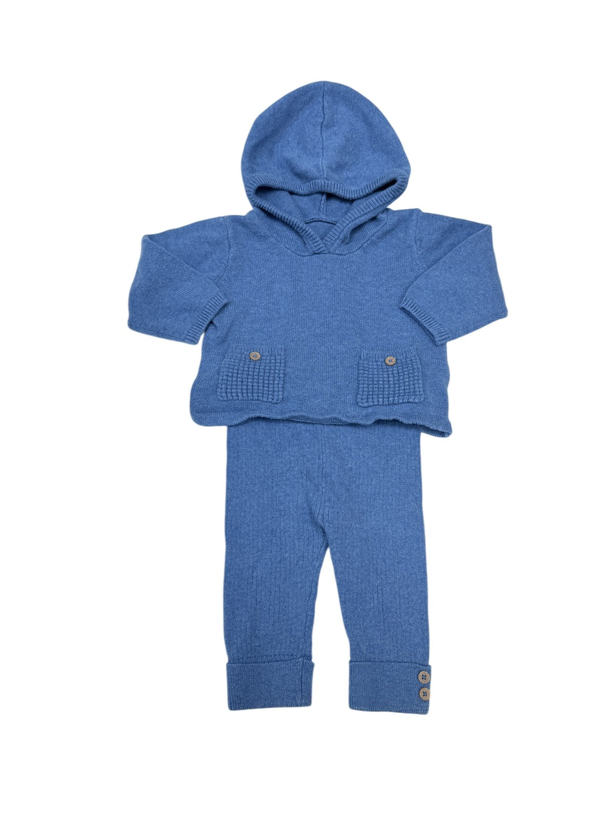 Blue Knit Hooded Sweater Set 3-6M