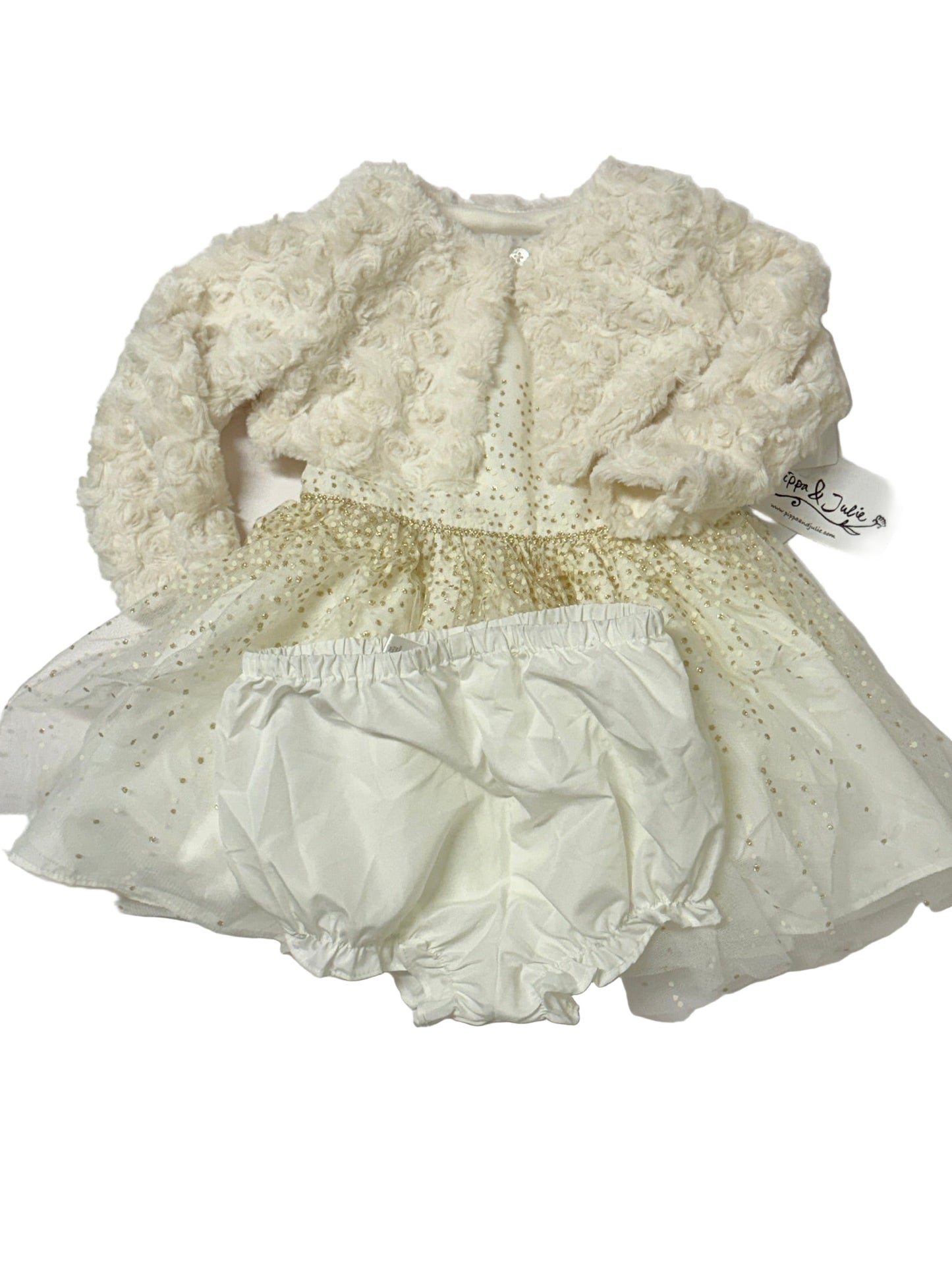 Pippa & Julie 3pc Dress ,Cardigan and Bloomers 18m