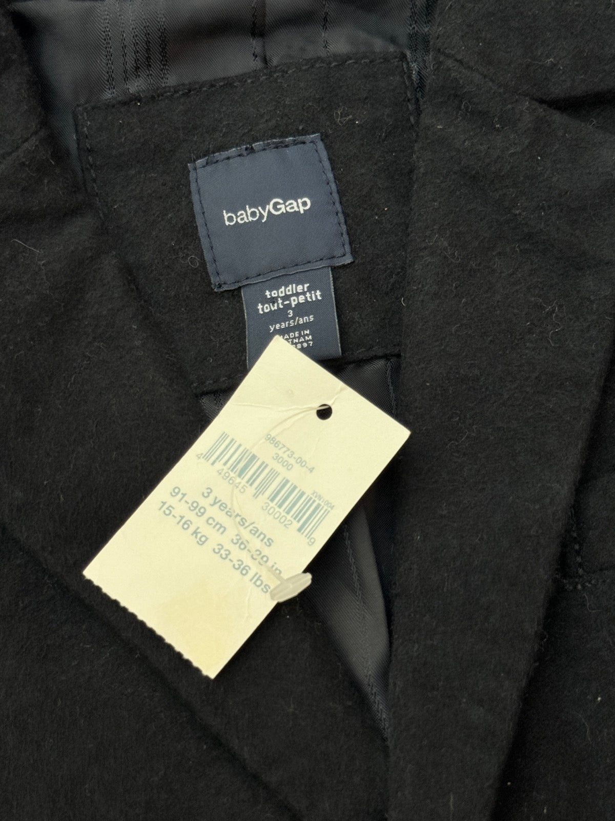 babyGap Black Wool Coat Toddler 3T