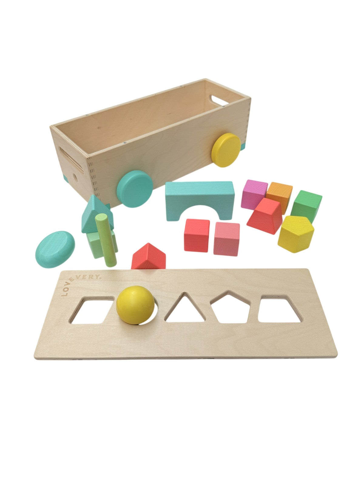 Large Lovevery Wooden Wagon Shape Sorter Block Set