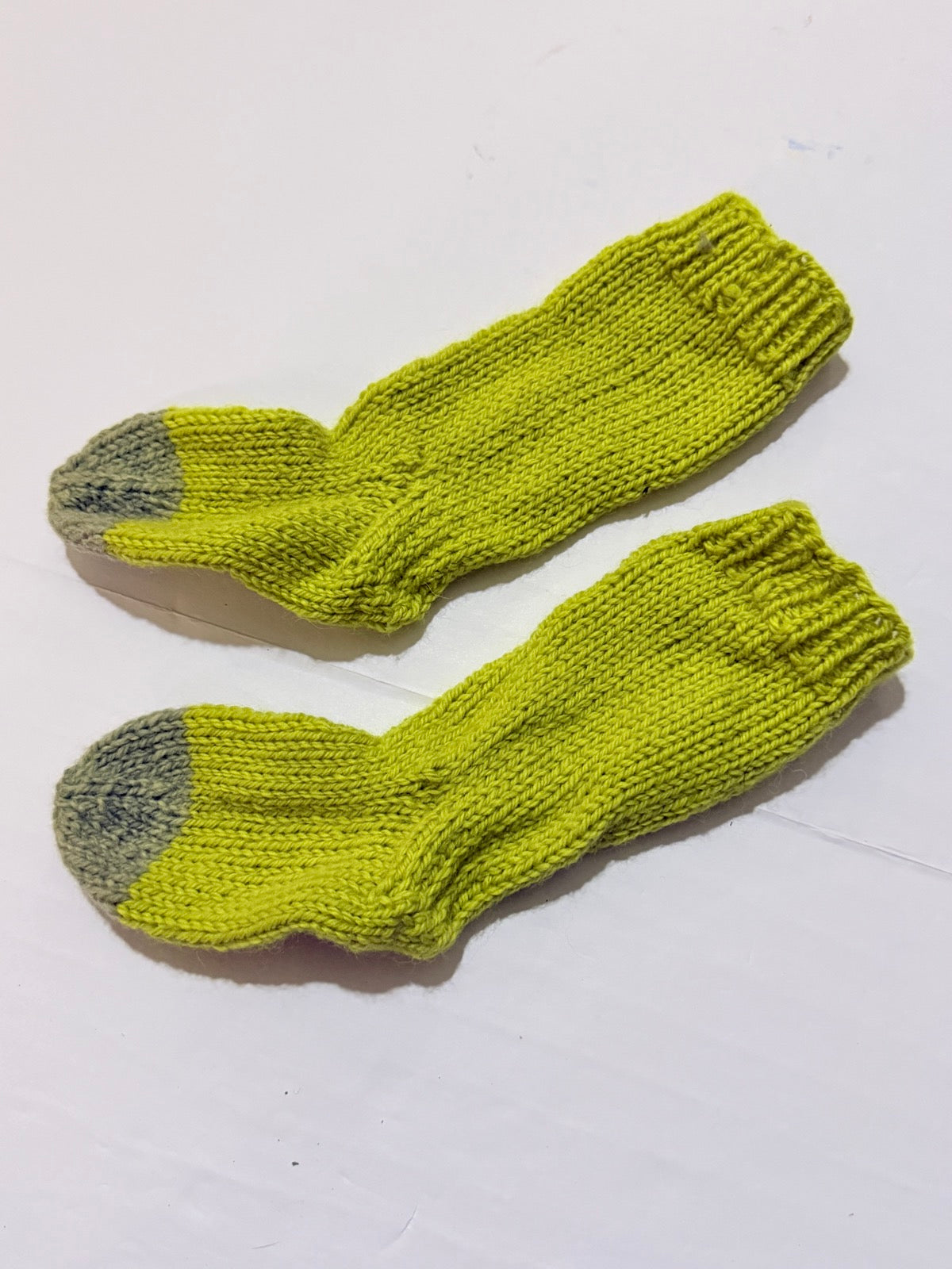 Hand Knit Chartreuse Socks with Gray Toes 1-4Y