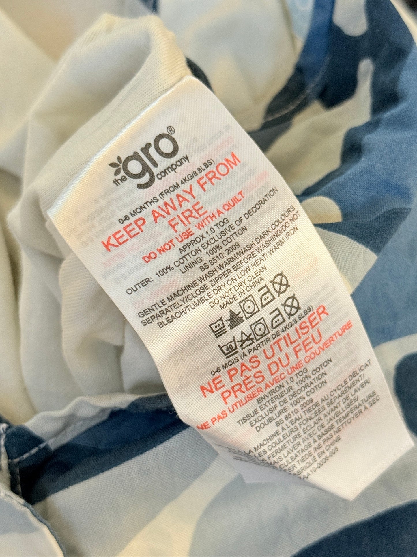 Gro Bag 100% Cotton Sleep Sack 0-6m 1.0 TOG