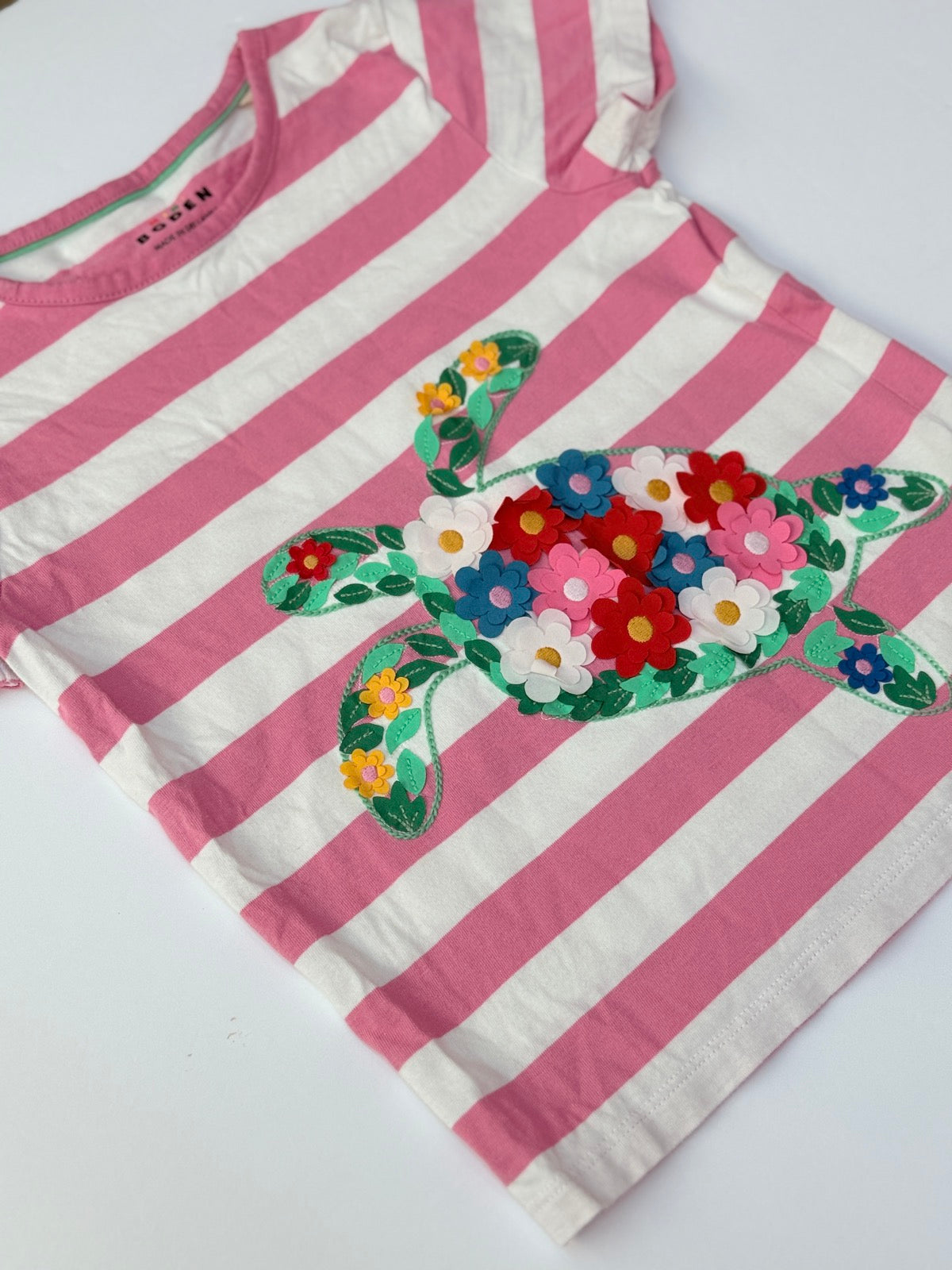 Mini Boden Floral Turtle Stripe T-Shirt 5-6Y