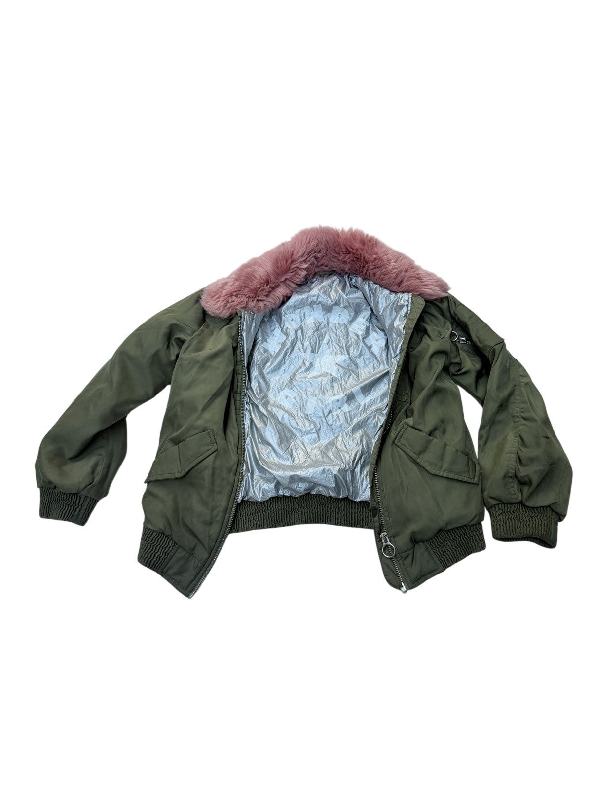 Zara Girls Olive Bomber Jacket Pink Fur Size 8
