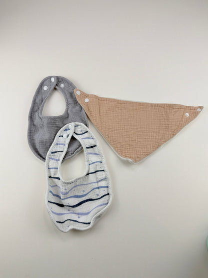 3-Piece Muslin Bib Set Gray Blue Peach 0-12M
