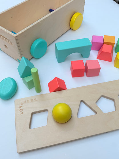 Large Lovevery Wooden Wagon Shape Sorter Block Set