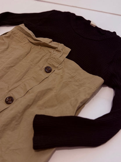 Girls Black Knit & Khaki Button Dress 6-7Y