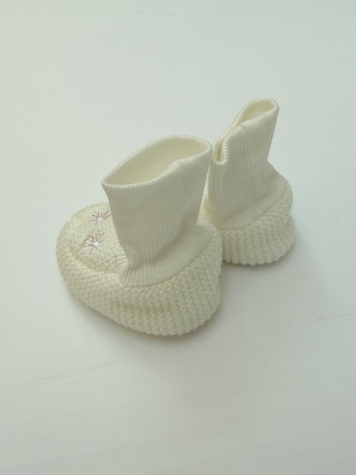 Knit Baby Booties Cream Floral Embroidery 0-3m