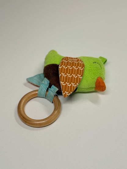 Green Bird Plush Baby Teething Ring Rattle