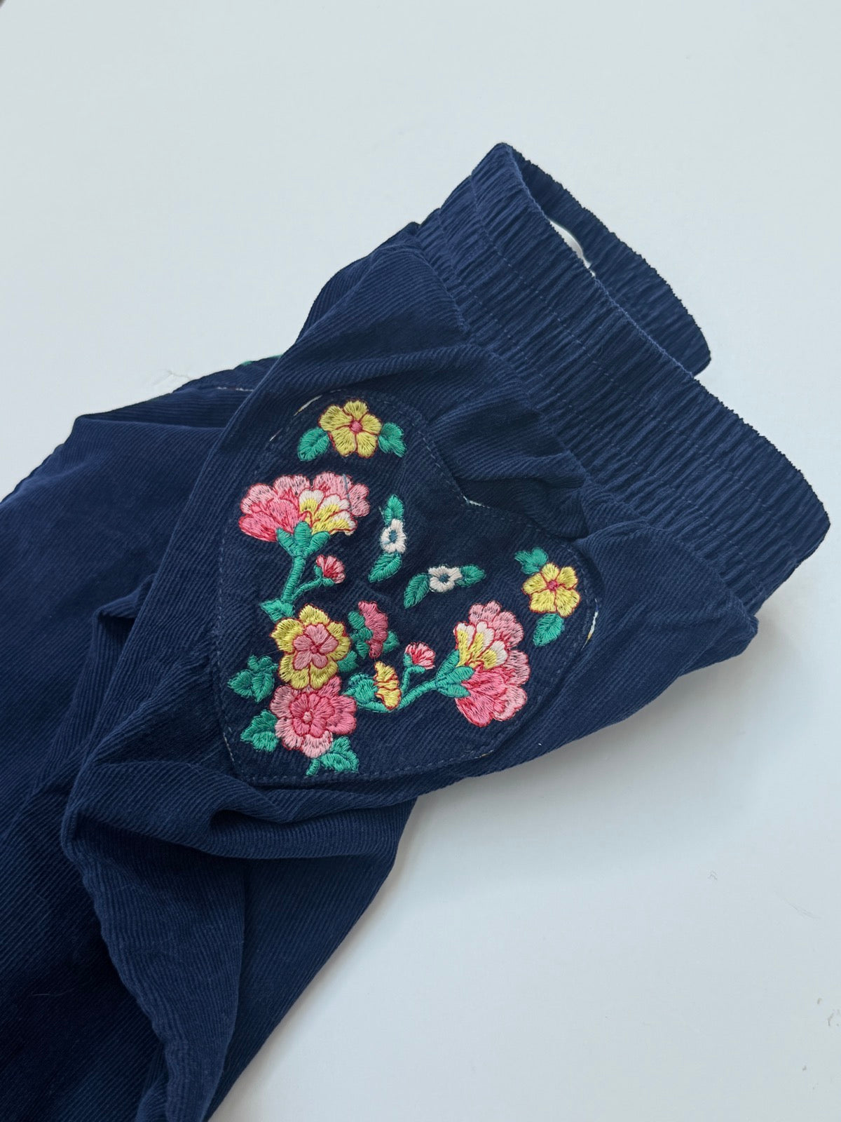 Mini Boden Lined Navy Corduroy Embroidered Floral Pants 4Y