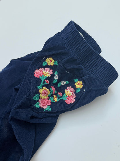 Mini Boden Lined Navy Corduroy Embroidered Floral Pants 4Y