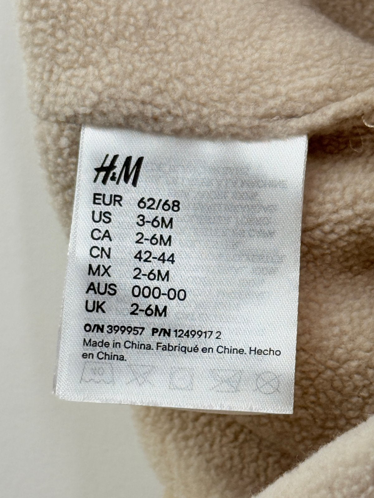 H&M Beige Teddy Bear Ear Hat 3-6M