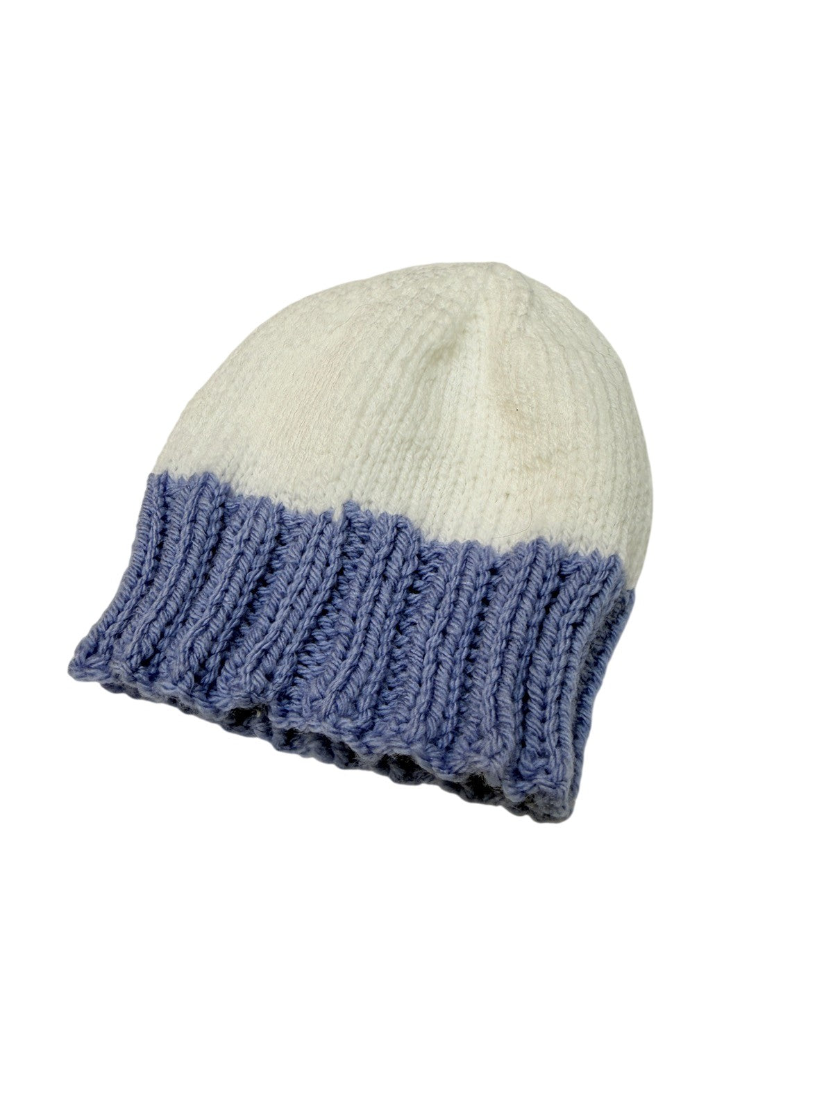 Handmade Knit Beanie White Blue Colorblock 0-6m