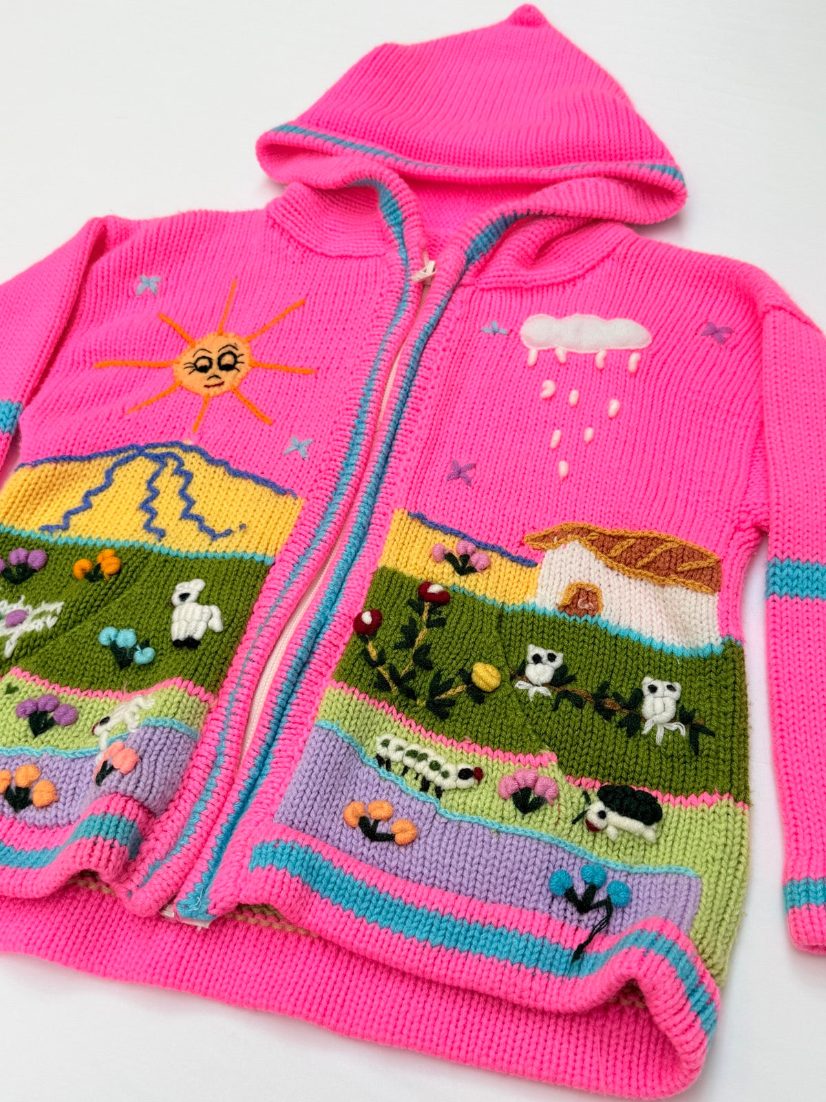 Peruvian Knit Embroidered Hooded Cardigan Pink 5/6Y