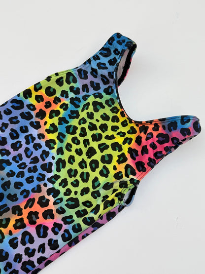 Girl Power Sport Rainbow Leopard Biketard Size 5/6
