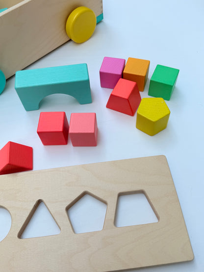 Large Lovevery Wooden Wagon Shape Sorter Block Set