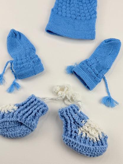 Handmade Blue Knit Hat, Mitts & Booties Set 0-3m